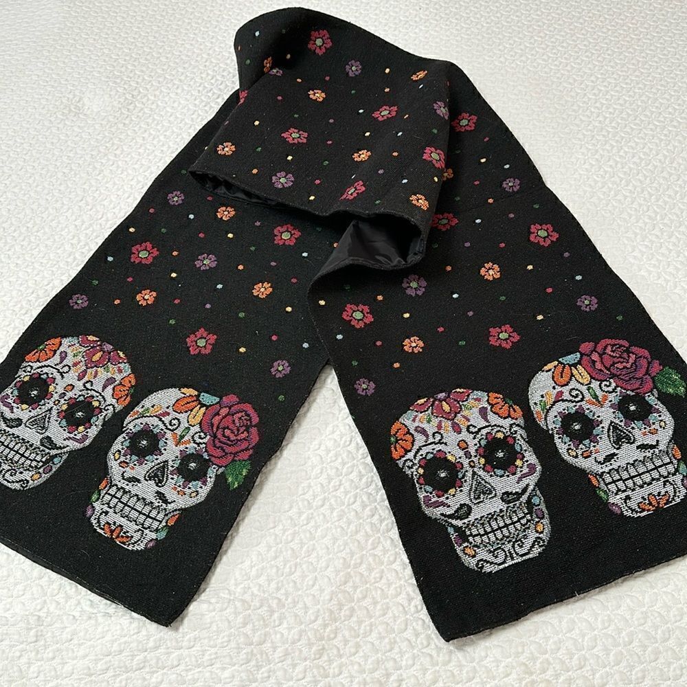 Sugar Skull Table Runner Black Flowers Dia de Los Muertos 70” X 13” Canvas